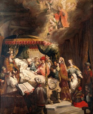 view The dormition of the Virgin. Oil painting after Rembrandt van Rijn.