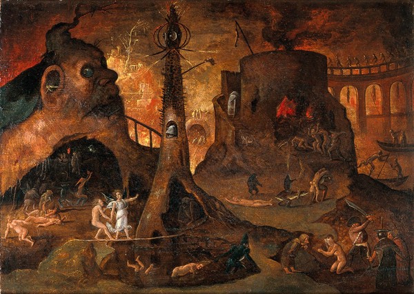 An angel leading a soul into hell. Oil painting by a follower of Hieronymus Bosch.