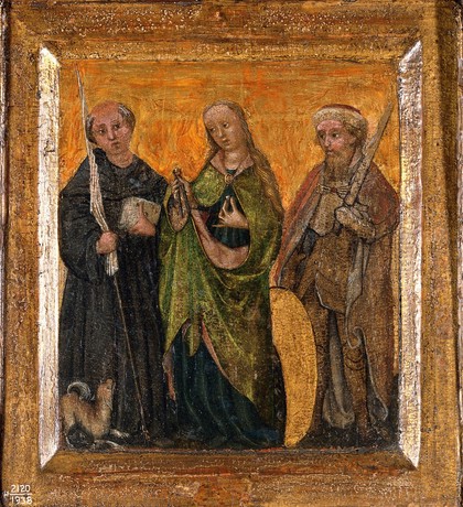 Saint John of Capestrano (?), a woman saint (Saint Apollonia?), and Janos Hunyadi (?). Tempera painting.