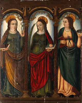 Saint Apollonia, Saint Agatha and Saint Lucy. Oil painting by a Spanish (?) painter, 16th (?) century.