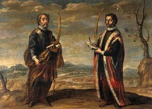 view Saint Cosmas and Saint Damian in a landscape. Oil painting attributed to A. Pérez de Pineda.