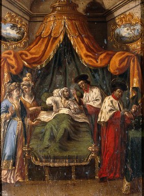 Saint Cosmas and Saint Damian attending to a patient. Oil painting by a Venetian painter, 18th century.