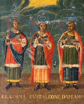 Saint Cosmas, Saint Panteleimon, and Saint Damian. Oil painting.