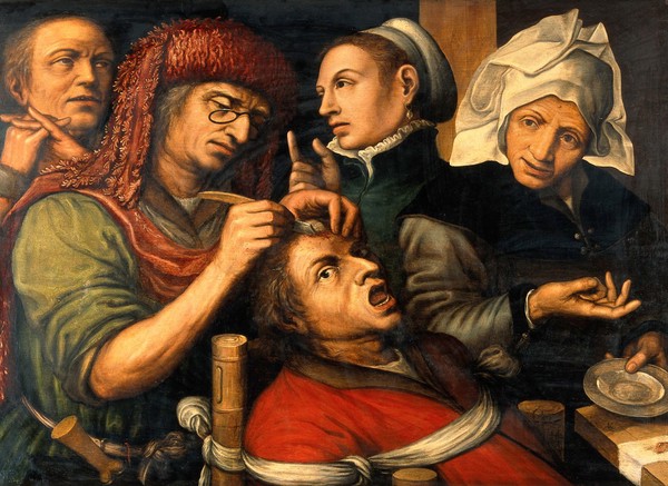 An operation for stone in the head. Oil painting by a follower of Jan Sanders van Hemessen.