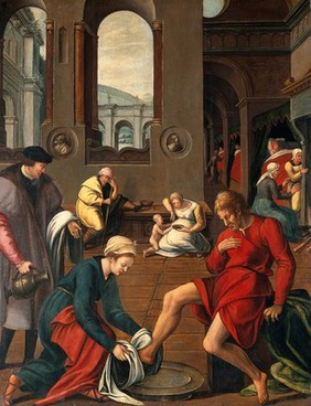 Interior of a hospital with a woman washing a man's feet. Oil painting.