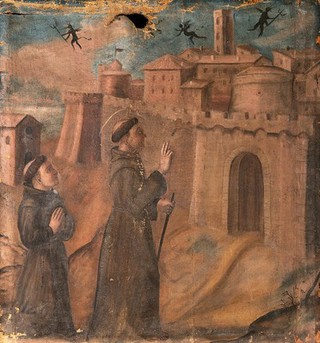 Saint Francis expelling the devils. Oil painting after Giotto.