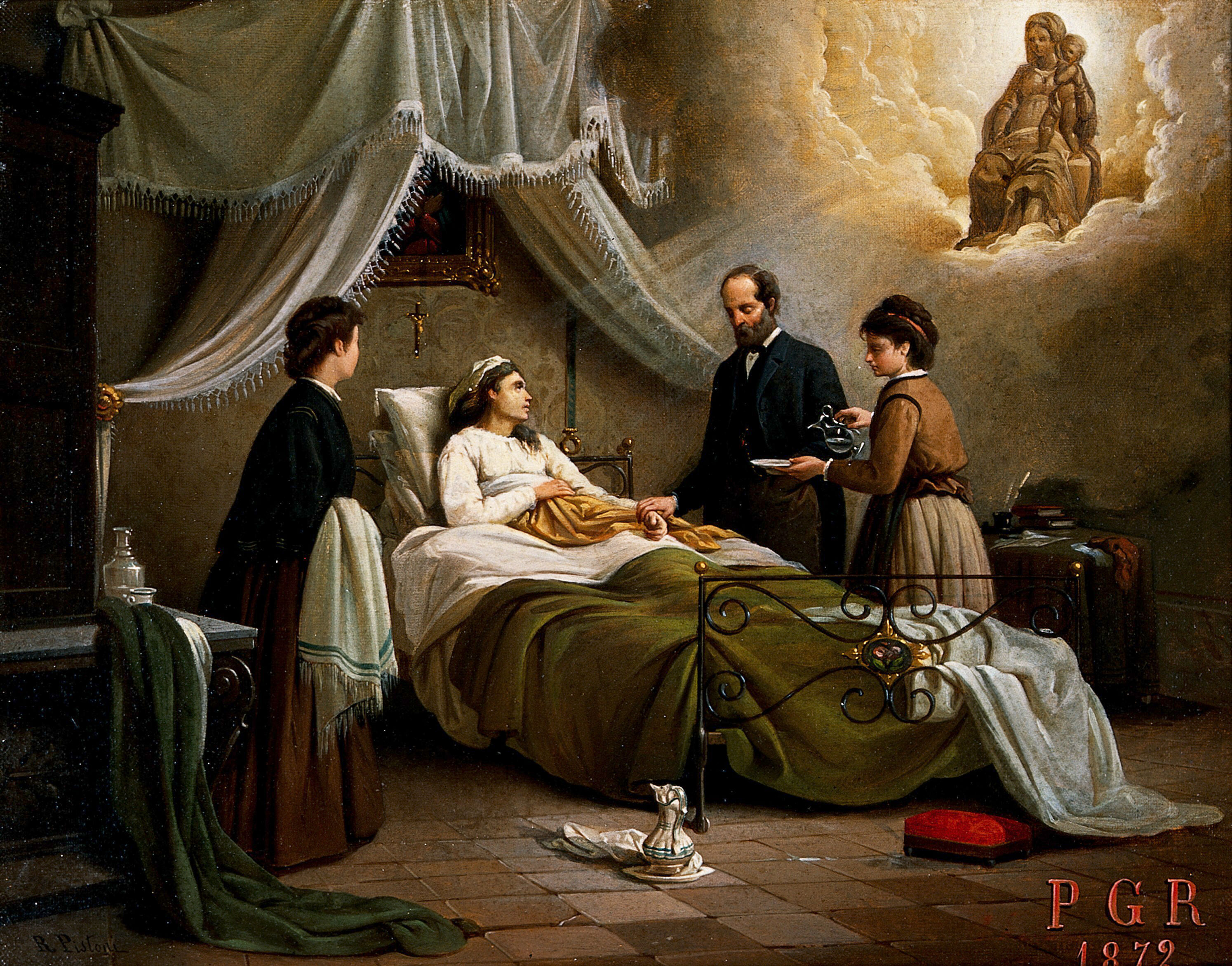 A Woman In Bed In A Sick Room Attended By A Physician Receiving