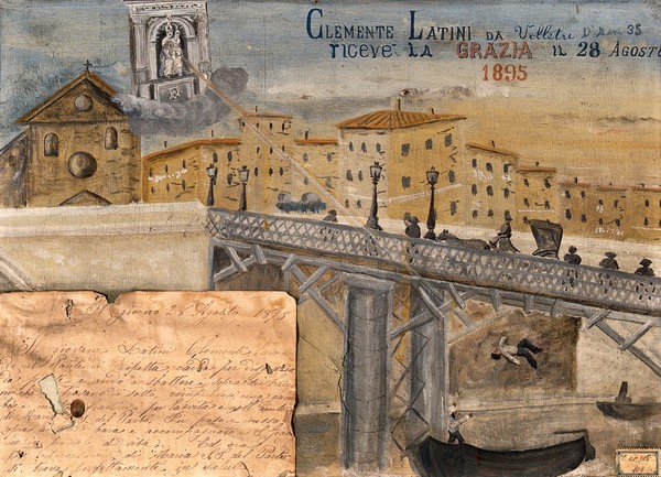 Clemente Latini of Velletri saved by the Madonna del Parto after falling off the Ponte di Ripetta, 1895. Oil painting by an Italian painter, 1895.