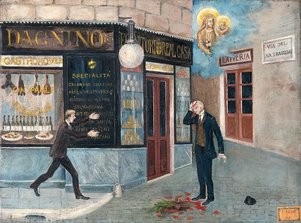 A man being hit on the head by a falling flower-pot in Rome, Via del Nazzareno. Oil painting, ca. 1890.