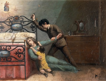 A man stabbing a woman with a stiletto. Oil painting, 18--.