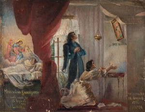 view Cure at London following prayer at Rome. Oil painting by an Italian painter, 1896.