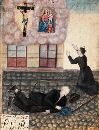 A man falling over on a cobbled street in Rome, his wife praying to Sansovino's Virgin and Child, 27 May 1851. Mixed media.