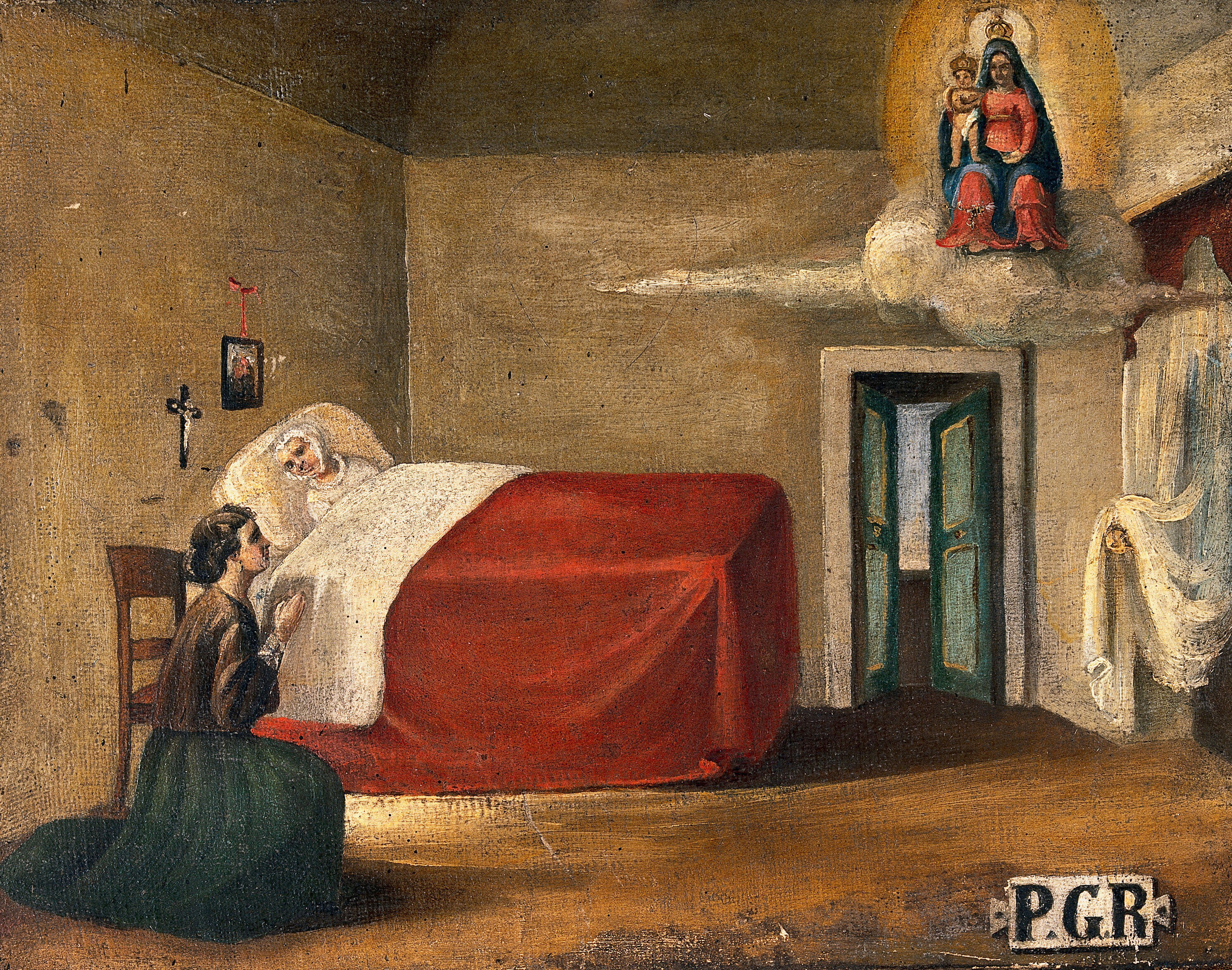 A Woman In Bed A Second Woman Kneeling Beside Her In Prayer To
