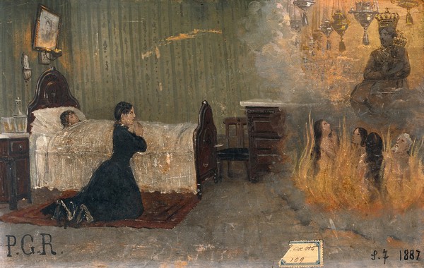 A woman praying for a child, with intercessors in a fire. Oil painting by an Italian painter, 1887.