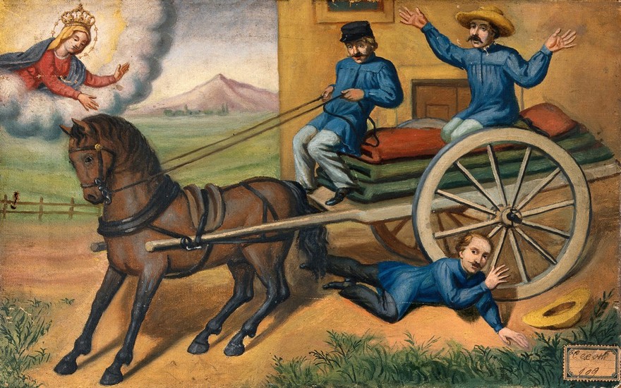 A man praying to the Virgin as he is run over by a horse-drawn cart carrying textiles. Oil painting.