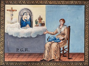 view A woman appealing to Christ, to Sansovino's Virgin and Child and to Saint Nicholas on behalf of her child. Watercolour by an Italian painter, early 19th century.