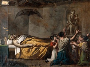 view A man in bed, women praying to the Madonna del Parto. Oil painting.