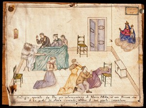 view Four people praying to Sansovino's Virgin and Child for a woman in premature childbirth. Watercolour by an Italian painter, 1871.