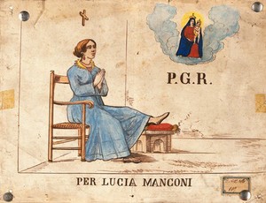 view Lucia Manconi being cured of an injury or disease of the foot. Watercolour.