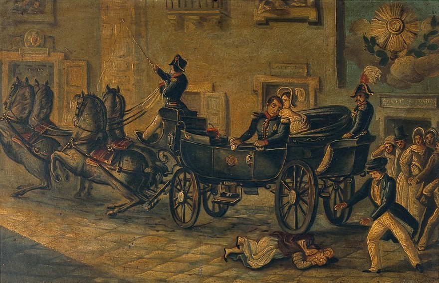 Agata Paladino in a street accident. Oil painting by an Italian painter, 1843.