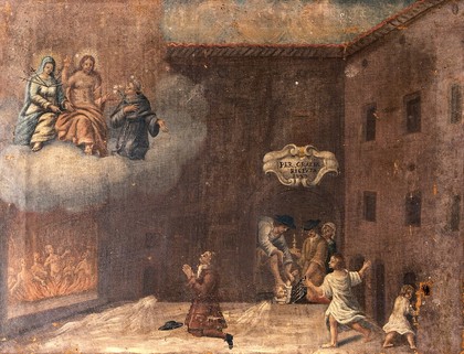 A man praying to the Virgin of the Seven Sorrows and a monastic saint to intercede with Christ to save a child trapped beneath a drain-grid, 1727. Oil painting by an Italian painter, 1727.