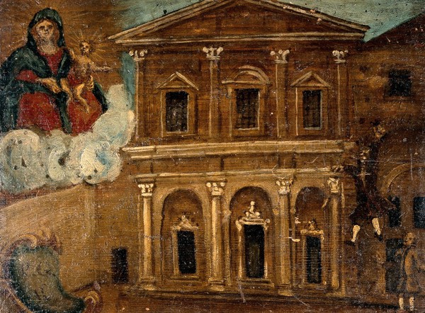 A man falling from the upper storey of a building into a courtyard. Oil painting by an Italian painter.