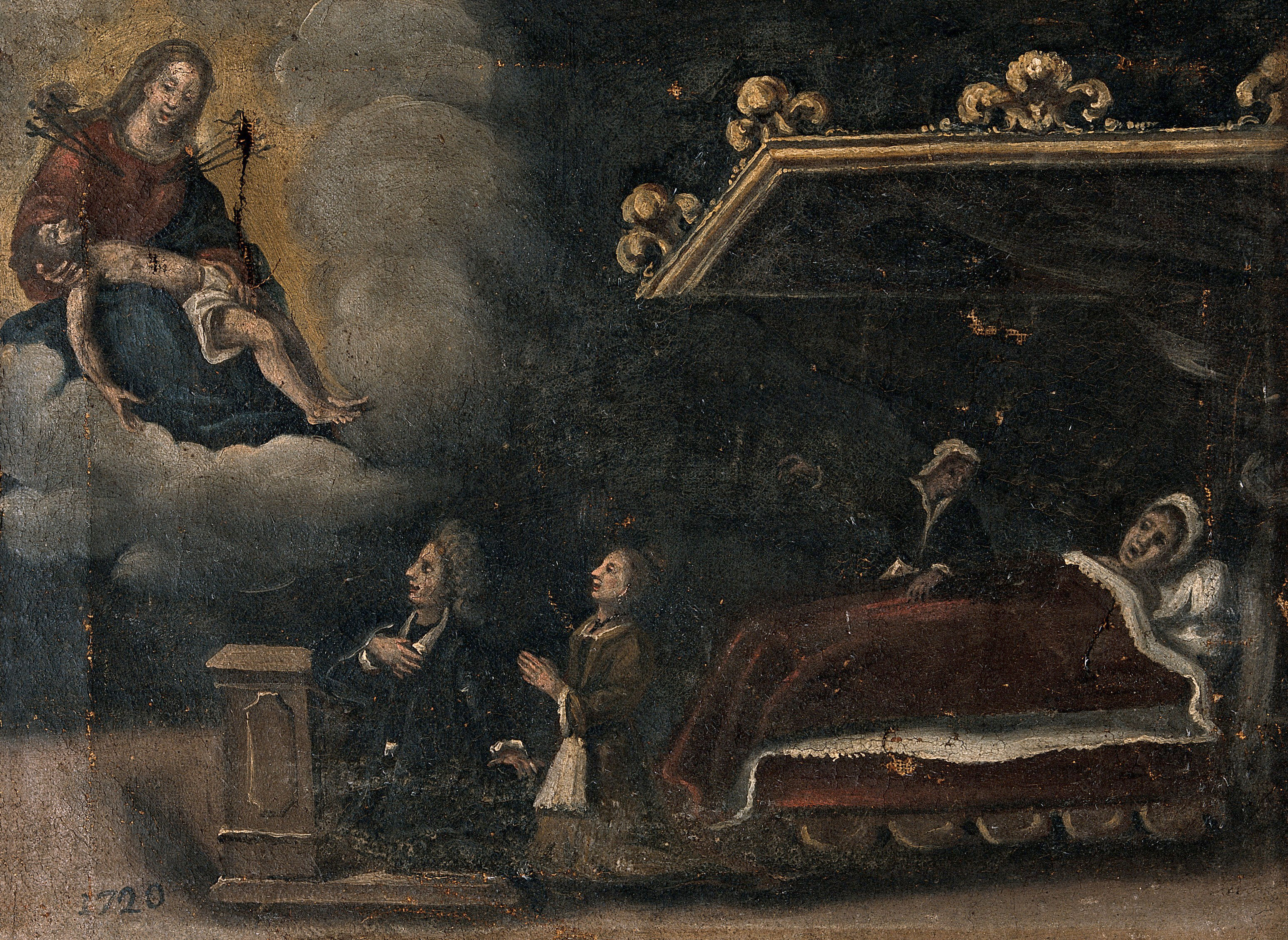 A Man And Woman Praying To The Virgin And Christ A Woman In Bed