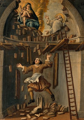 A builder falling from a platform in an apse, St Bruno (?) interceding with the Virgin and Child. Oil painting by an Italian painter, 18th or 19th century.