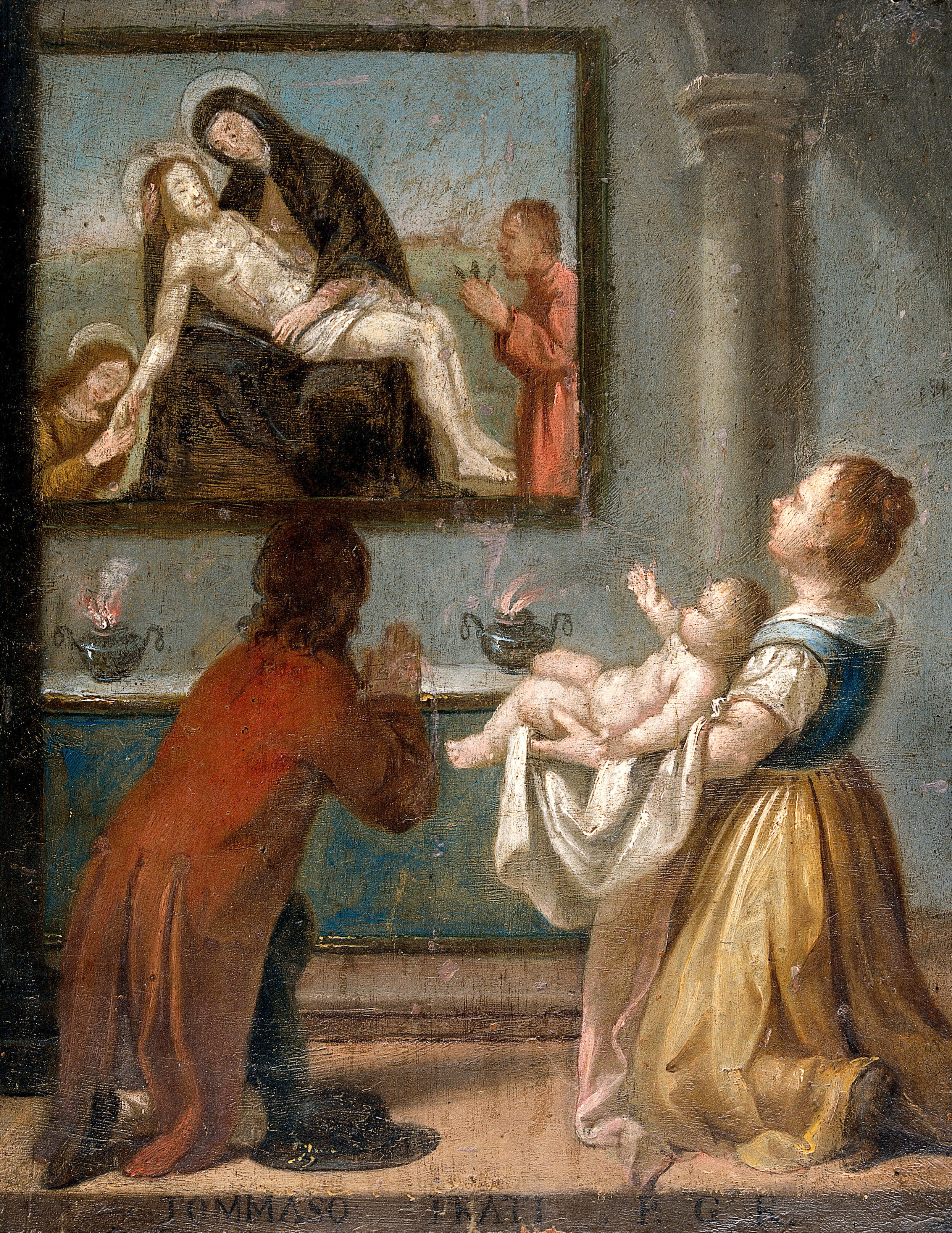 A Man And A Woman Holding A Baby Before An Altar Oil Painting By