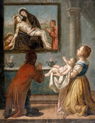 A man and a woman holding a baby before an altar. Oil painting by an Italian painter, 18th (?) century.