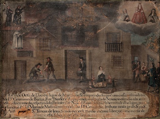 The house of Dr Geronimo de Baños being rescued from fire by the Virgin, St Anthony and St Teresa, 1700. Oil painting by a Spanish painter, 1700.