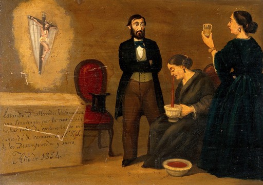Dona Mercedes Velasco's recovery from nosebleed after prayer to the Lord of the Abandoned, not after intervention of the physician. Oil painting by a Spanish painter, 1854.