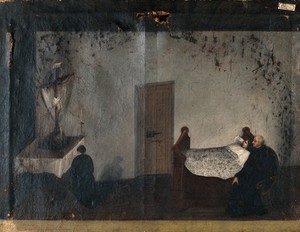 view Maria Diaz sick in bed, a priest attending her and her mother praying to Christ on the cross. Oil painting by a Portuguese (?) painter, 19th century.