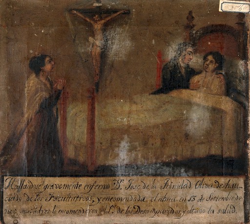 Don Jose de la Trinidad Oliva being cured by his parents' prayers. Oil painting by a Spanish painter, 1846.