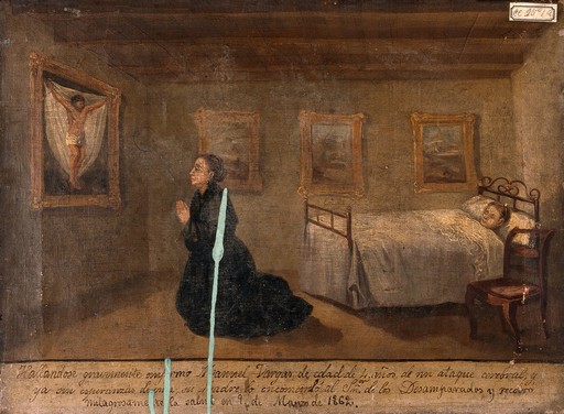 The mother of Manuel Vargas praying for his recovery from a "cerebral attack", March 1862. Oil painting by a Spanish painter, 1862.