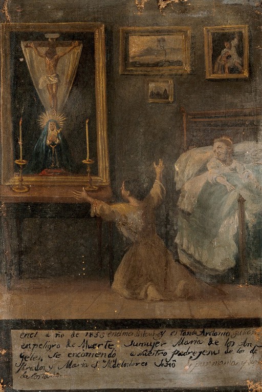 Antonio Gutierrez being cured of pneumonia and pain in the side after the prayers of his wife, December 1853. Oil painting by a Spanish painter, 1853/4.