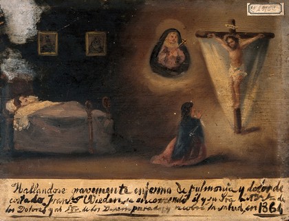 Francisco Wiedon (?) and his wife praying for cure of his pneumonia and pain in the side. Oil painting by a Spanish painter, 1864.