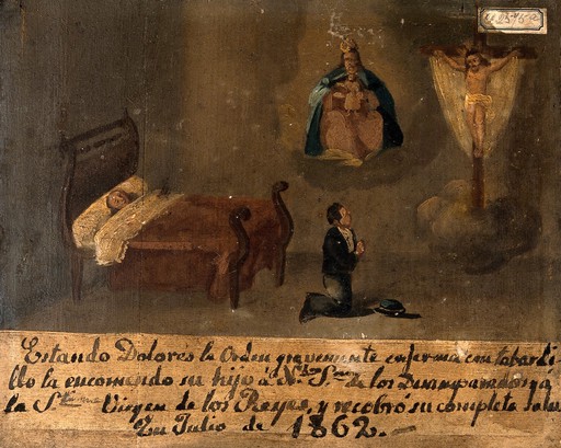 Dolores la Orden, sick with a burning fever, is commended by her son to Christ and the Virgin, July 1862. Oil painting by a Spanish painter, c. 1862