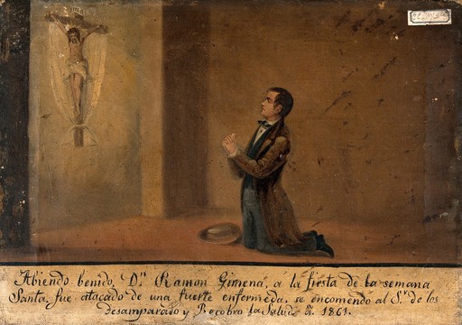Ramon Gimena being cured of a strong sickness. Oil painting by a Spanish painter, 1861.