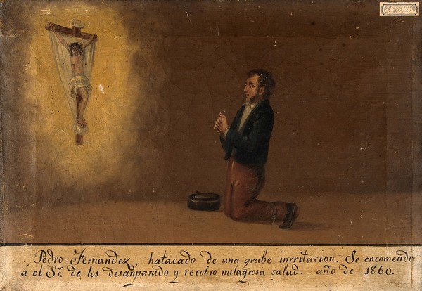 Pedro Fernandez praying to Christ on the Cross. Oil painting by a Spanish painter, 1860.