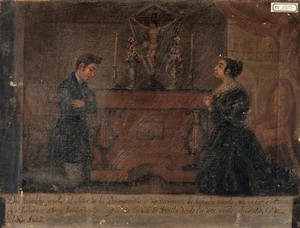 view A man and a woman expressing gratitude for surviving the siege of Seville. Oil painting by a Spanish painter, 1843.
