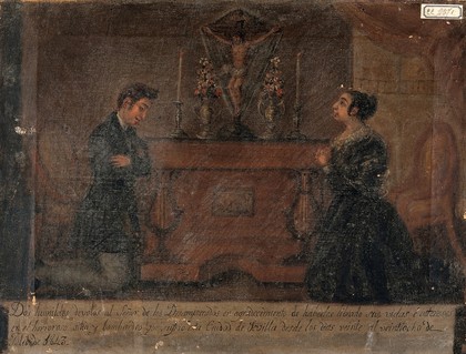 A man and a woman expressing gratitude for surviving the siege of Seville. Oil painting by a Spanish painter, 1843.