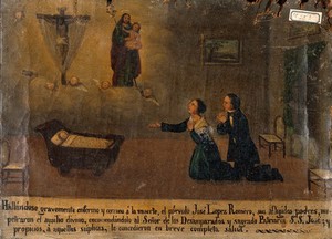 view The parents of José Lopez Romero commending him to Christ and to St Joseph. Oil painting by a Spanish painter, c.1840.