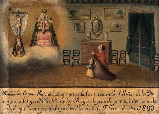 Carmen Pinto praying to the Virgin and Christ, Seville 1883. Oil painting by a Spanish painter, 1883.