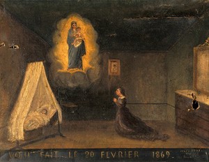 view Cure of a child by prayer to the Virgin and Child, February 1869. Oil painting by Romea (?).