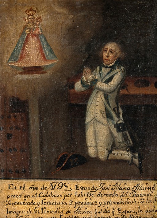 José Maria Martinez in prison praying to the Virgin and Child of Guadalupe, 1798. Oil painting by a Spanish painter, 1798.