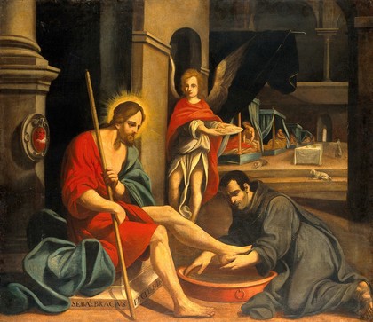 A Franciscan friar washing Christ's feet in a hospital. Oil painting by an Italian painter, 18th century.