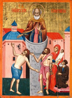 Saint Simeon Stylites the younger. Tempera painting.