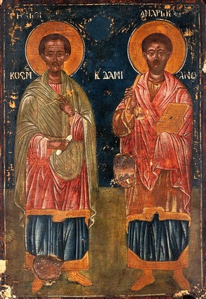 view Saint Cosmas and Saint Damian. Tempera painting.