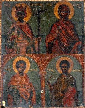 view Saint Constantine, Saint Paraskeva, Saint Cosmas and Saint Damian. Tempera painting.